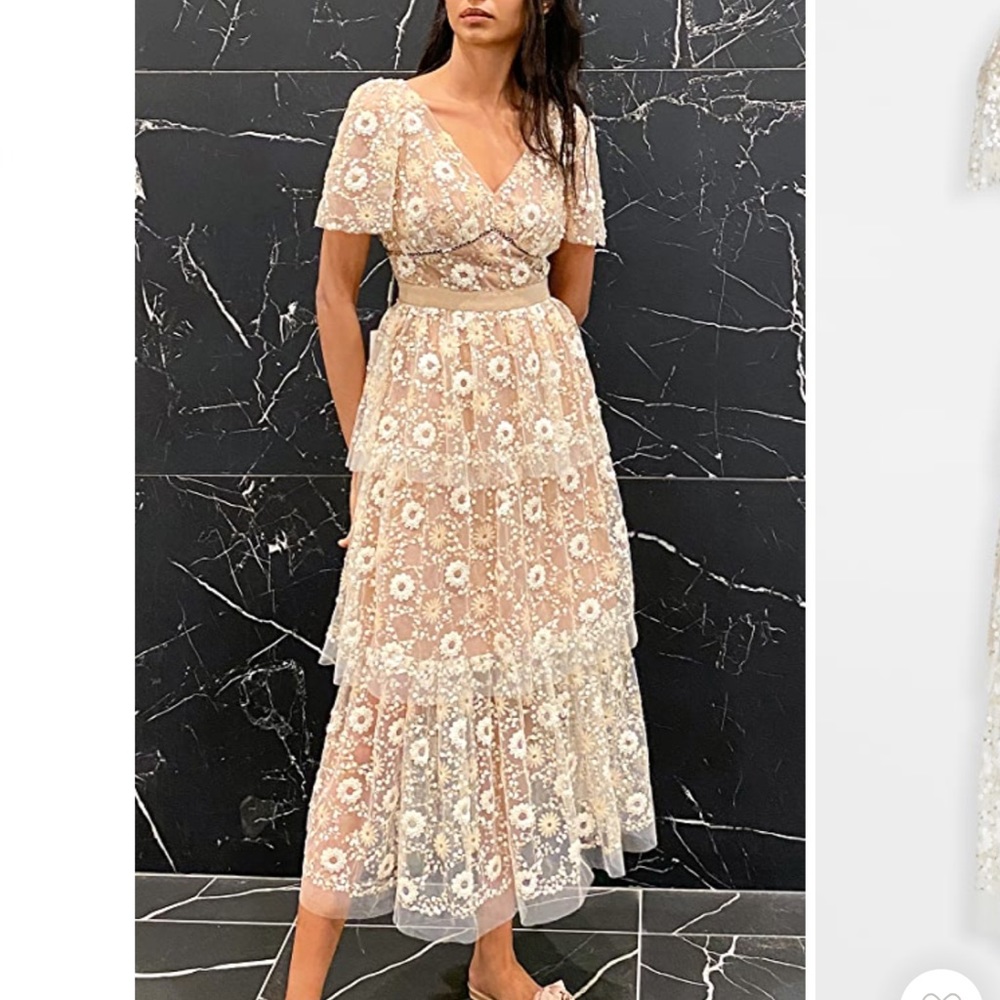 Self Portrait Flower Sequin Short Sleeve Tiered Mini Dress